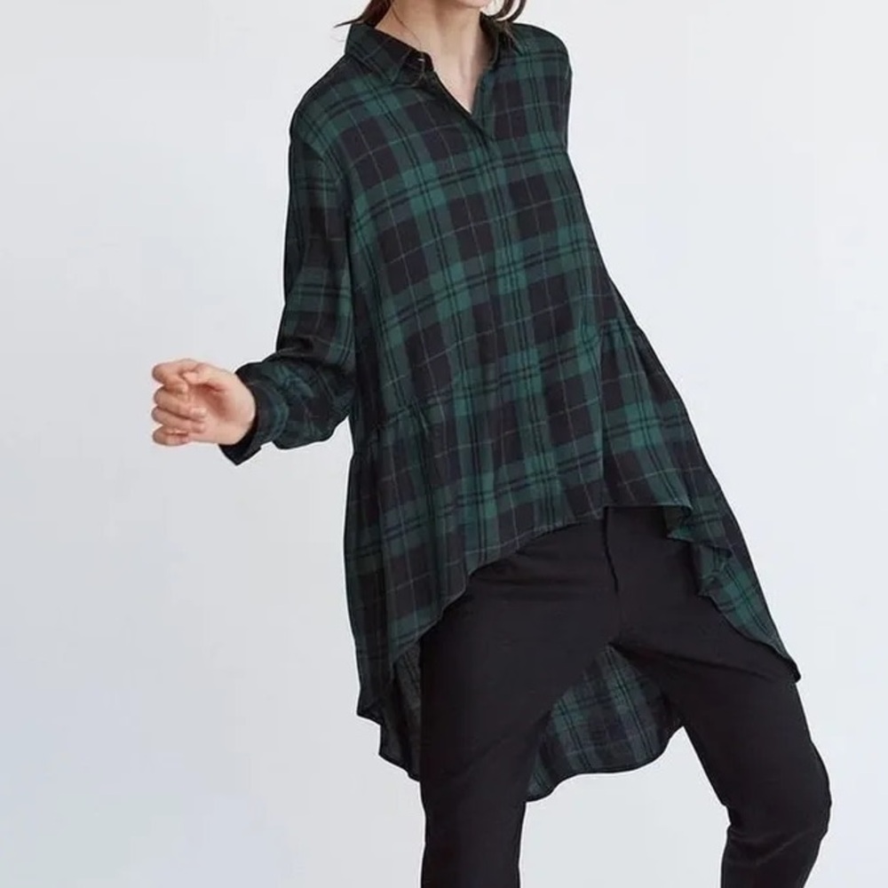 Zara Trafaluc Tartan Plaid Tunic‎ Blouse Hi-Low Hem Full Button Size XS